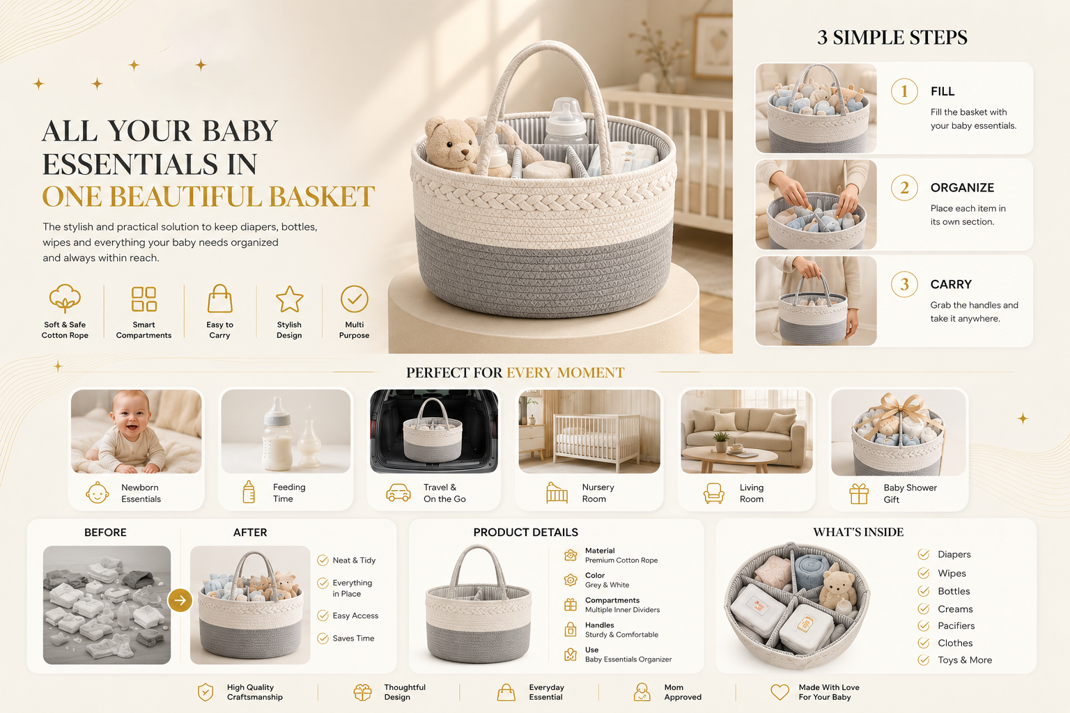 Vostara Handwoven Storage Basket with Removable Compartments - Product Details 3