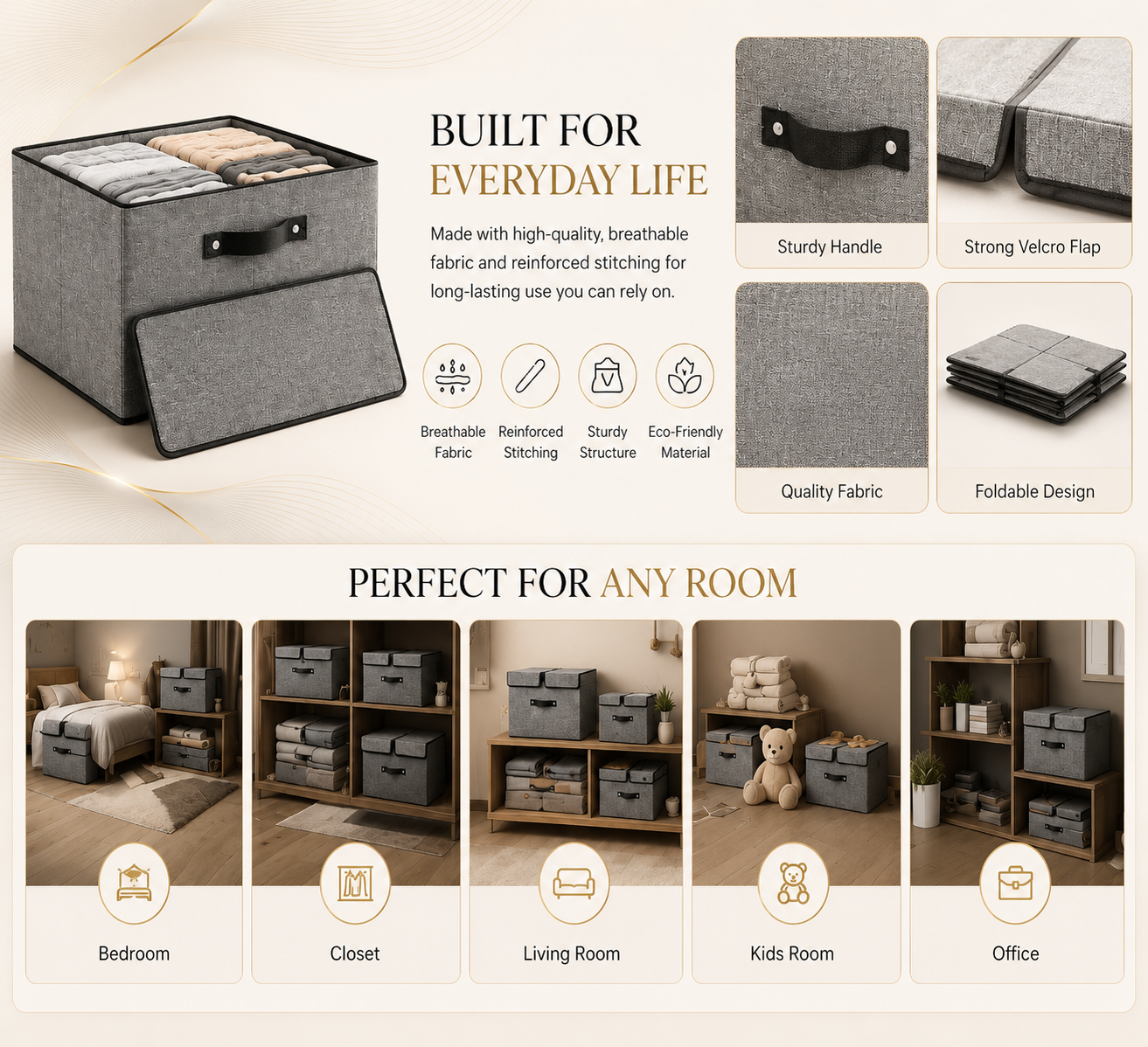 Vostara Foldable Fabric Storage Box with Dividers - Product Details 1