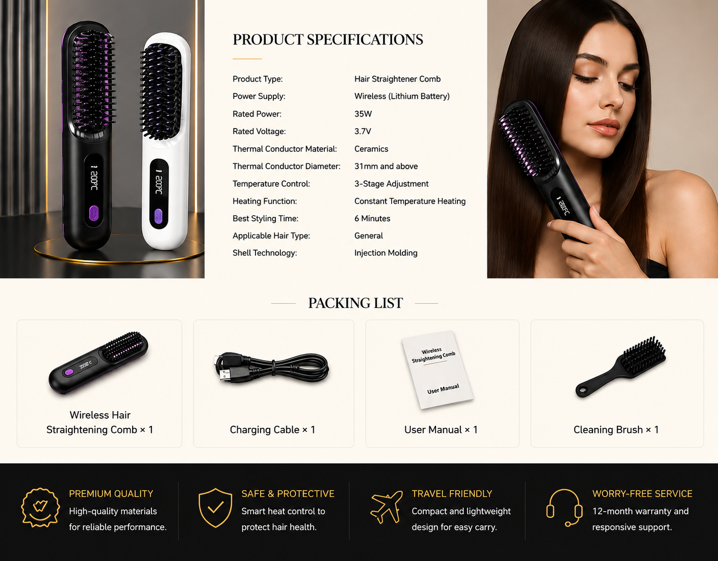 Vostara Wireless Hair Straightening Comb with Negative Ion Technology - Product Details 3